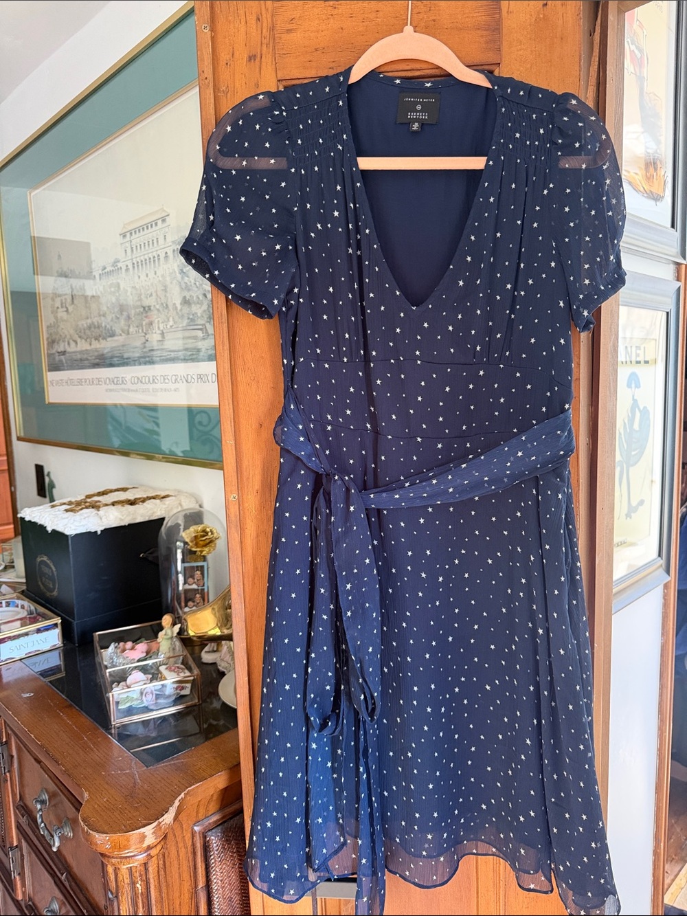 Jennifer Meyer Navy Midi Dress with White Star Print and Tie Waist